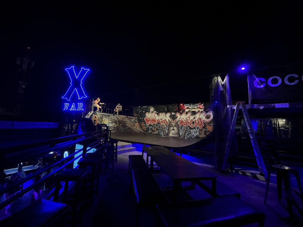 The rooftop half pipe skate ramp at X Bar on bar street Siem Reap Cambodia 