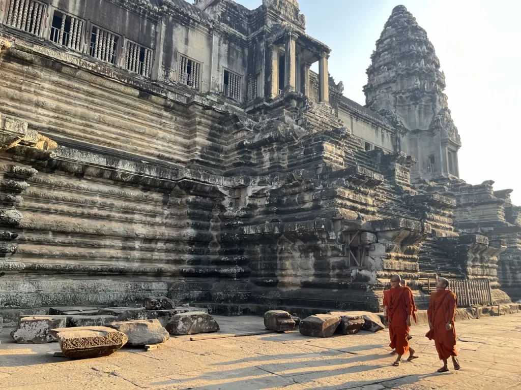 Buddhist Monks at the Angkor Wat temple complex in Krong Siem Reap Cambodia