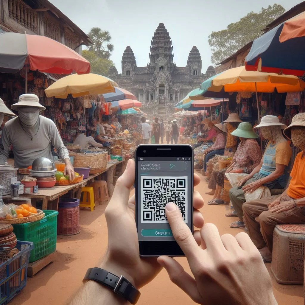 Using QR payments similar to Bakong Tourists App at Angkor Wat temple AI