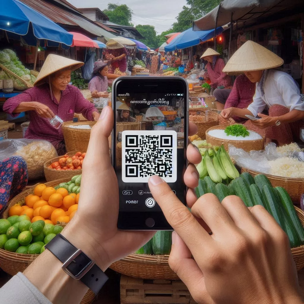 A man using a QR code digital payment system in Siem Reap Cambodia AI