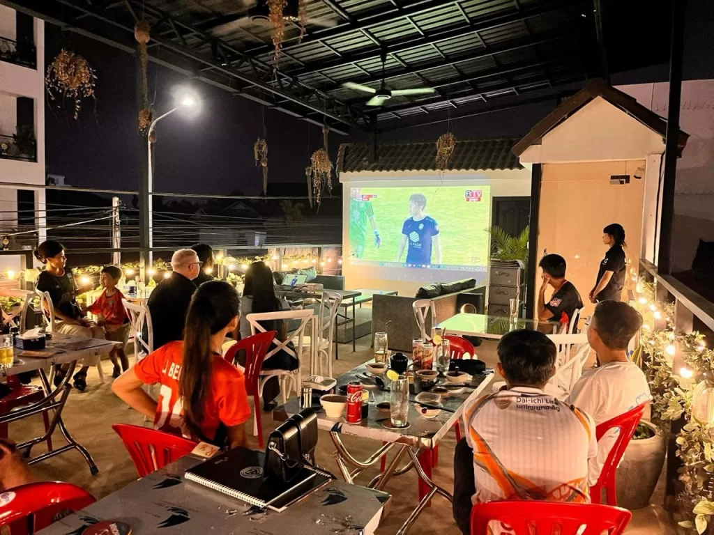 Sushi Bar Shin restaurant Siem Reap rooftop area playing live sports