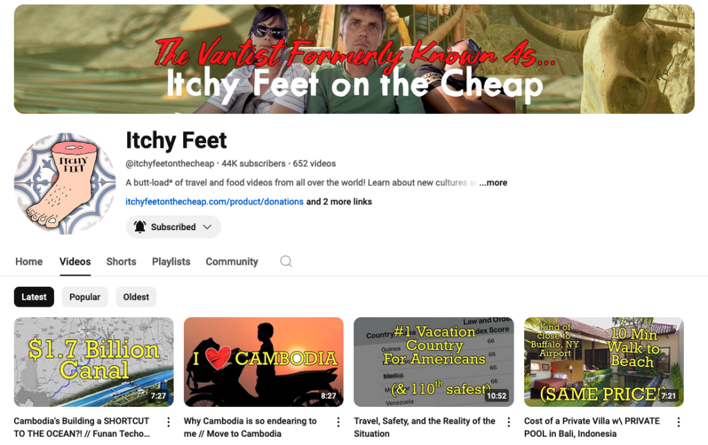 Itchy feet on the cheap Youtube channel, a popular Youtuber located in Phnom Penh Cambodia