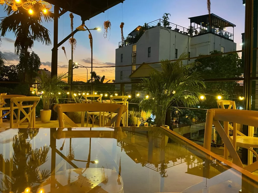 The rooftop dining area at Sushi Bar Shin restaurant Siem Reap near Siem Reap Night Market