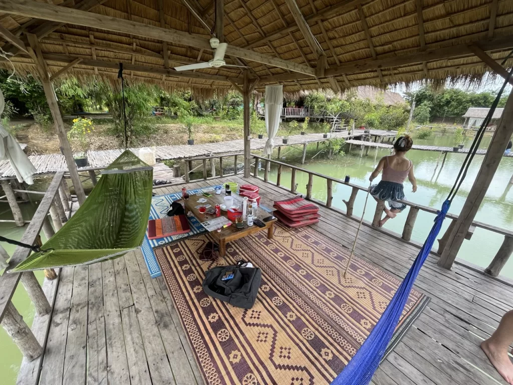 The interior of the bamboo huts at Bamboo Bridge near Angkor Thom