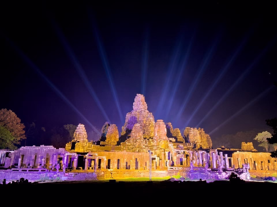 Angkor Wat temple lit up at night for a special event